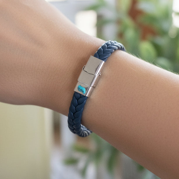 Navy-Blue Leather Braided Bracelet with Stainless Steel Charm
