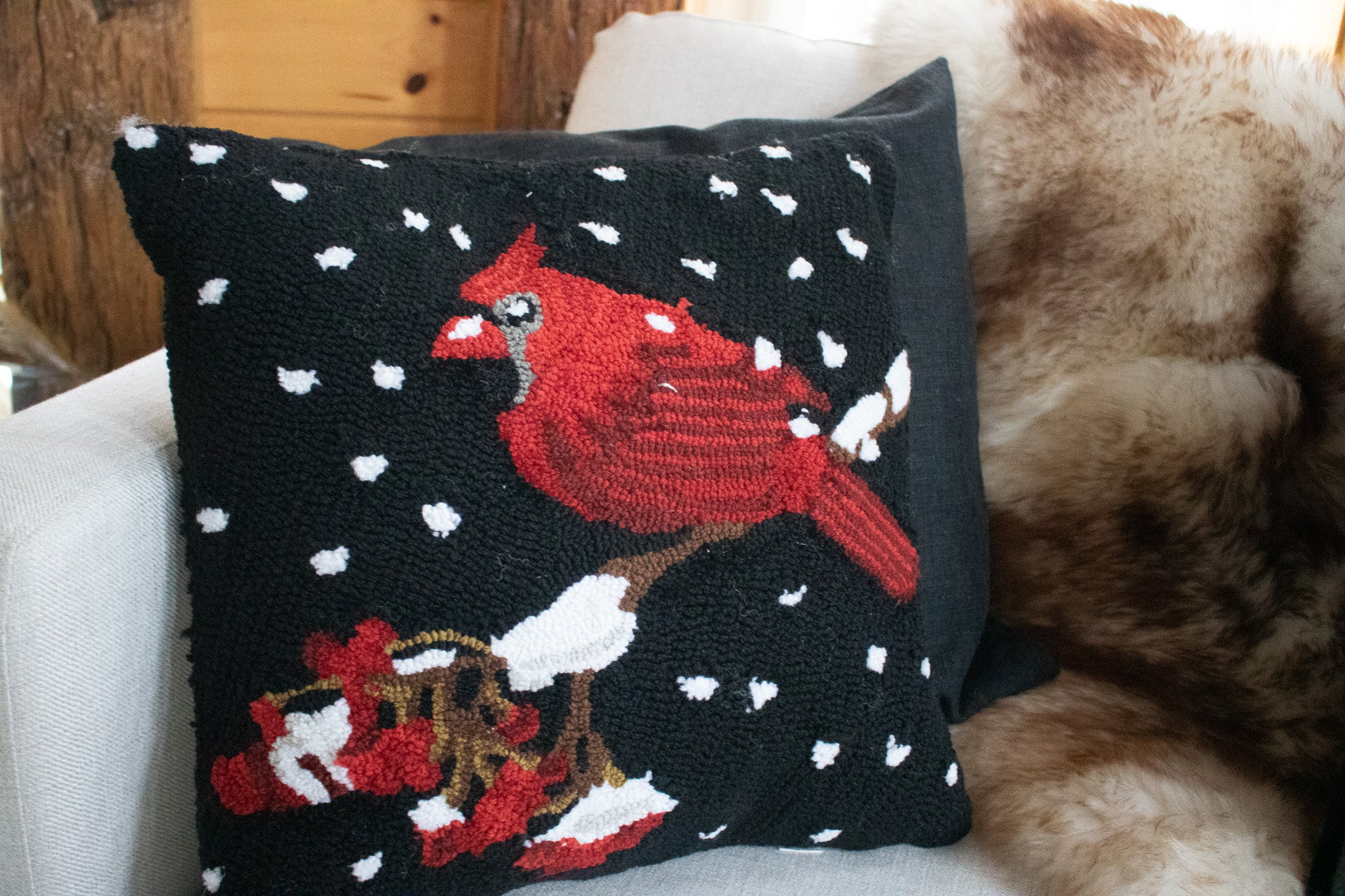 Black Mina Victory Home Collection Hook Rug Throw Pillows with Red Cardinal perched on Snowy Tree Branch