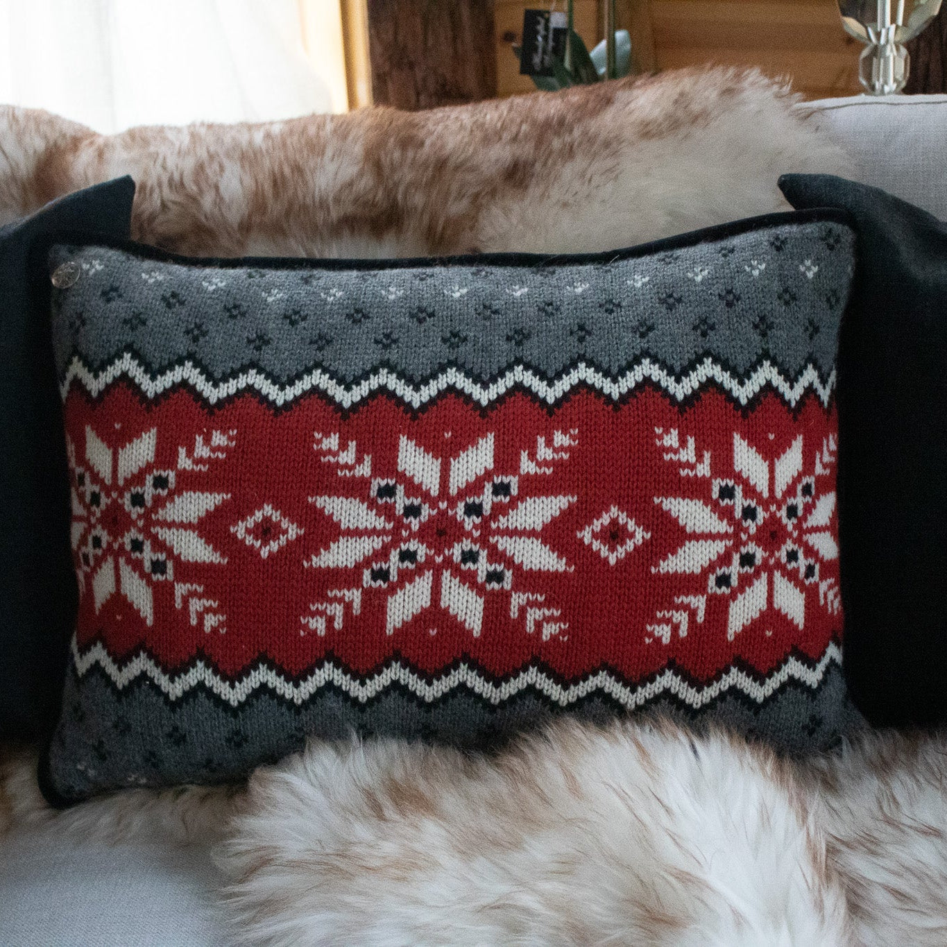 Classic Chandler Four Corners Nordic Style Knit Red, White, Grey, and Black Decorative Throw Pillows With Iconic Snowflakes Design