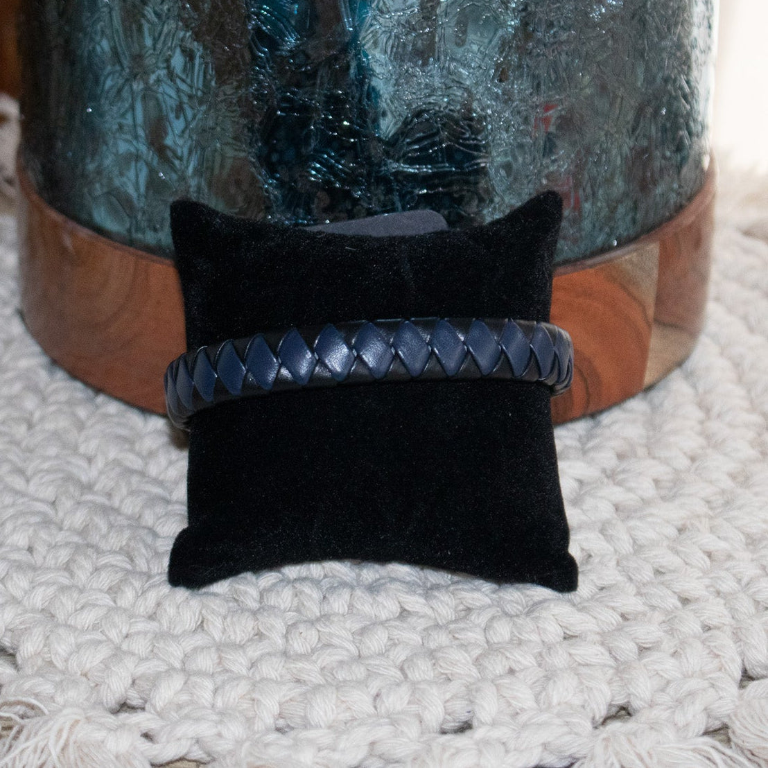 Black and Navy-Blue diamond Tuck Leather Bracelet