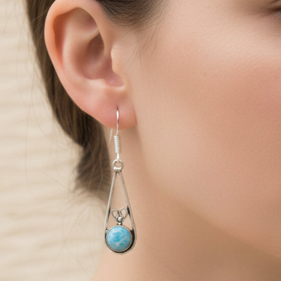 Circle Larimar Silver Heart Design Dangle Earrings