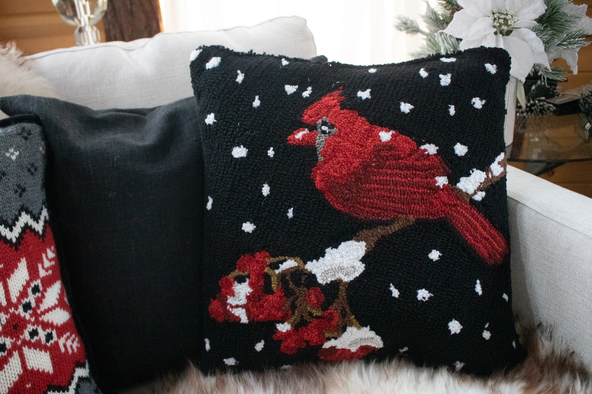 Black Mina Victory Home Collection Hook Rug Throw Pillows with Red Cardinal perched on Snowy Tree Branch