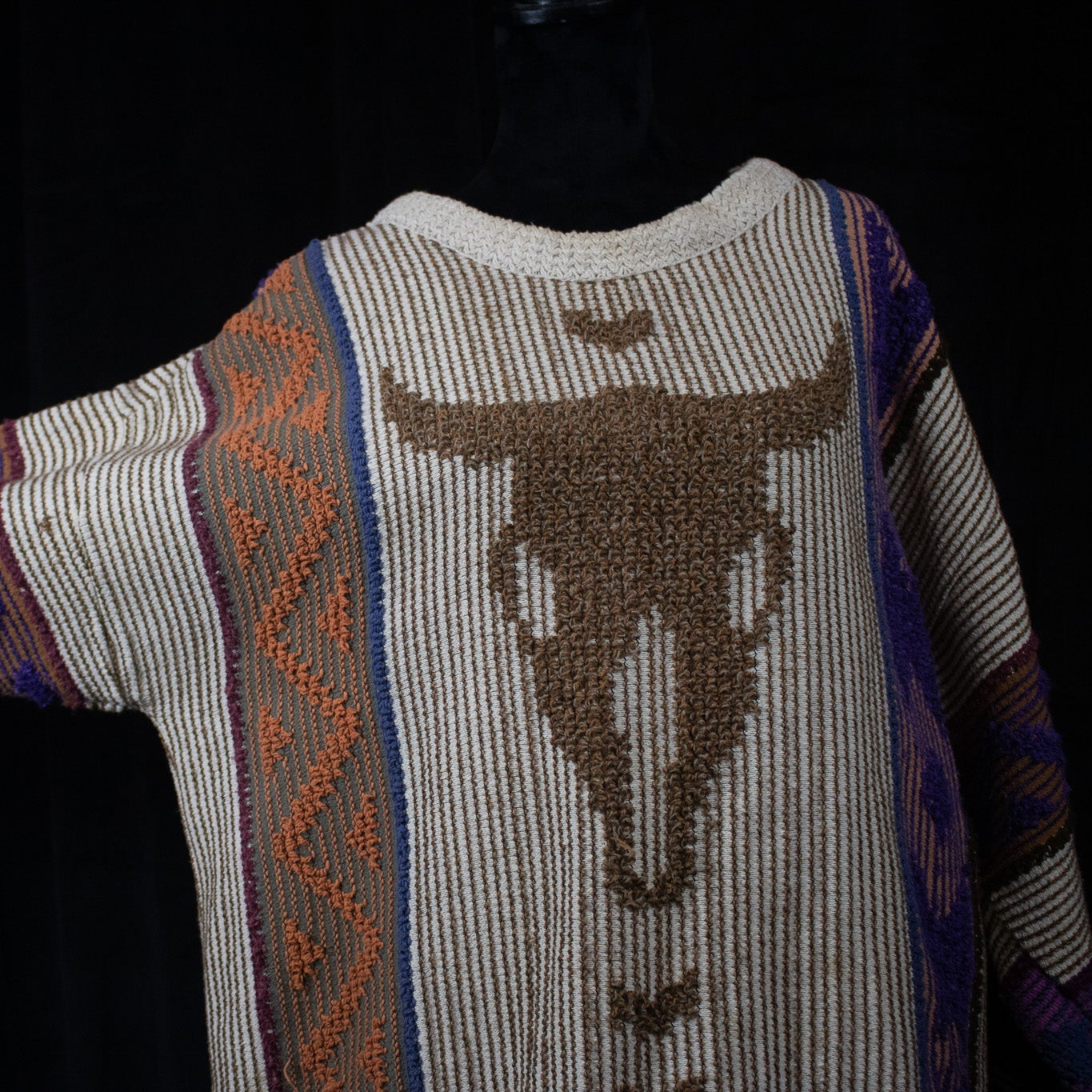 Allen Wah Collection Western tan Cow Skull Multi - Colored Pull - Over Sweater with Lining