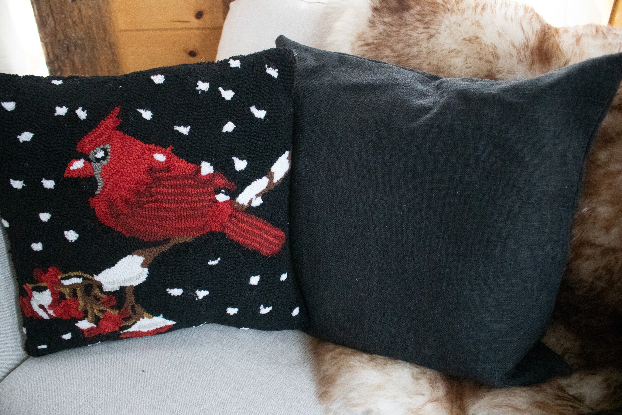 Black Mina Victory Home Collection Hook Rug Throw Pillows with Red Cardinal perched on Snowy Tree Branch