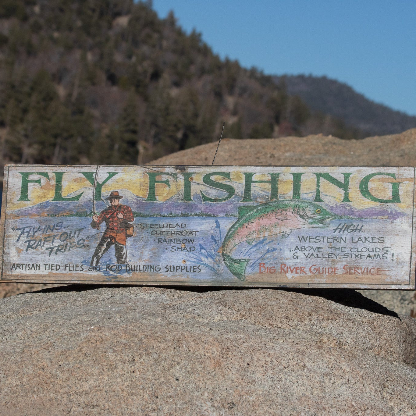Vintage "Fly Fishing Adventure" Big River Guide Service Decorative Wooden Sign 9"x32"