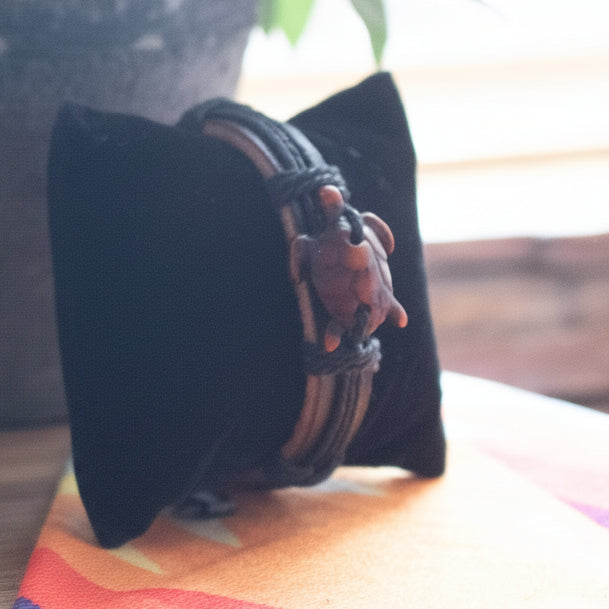 Brown Leather and Jute Cord with Turtle Resin Charm Adjustable Bracelet