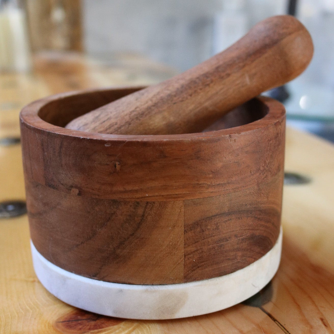 Natural Wood Mortar and Pestle with White Base