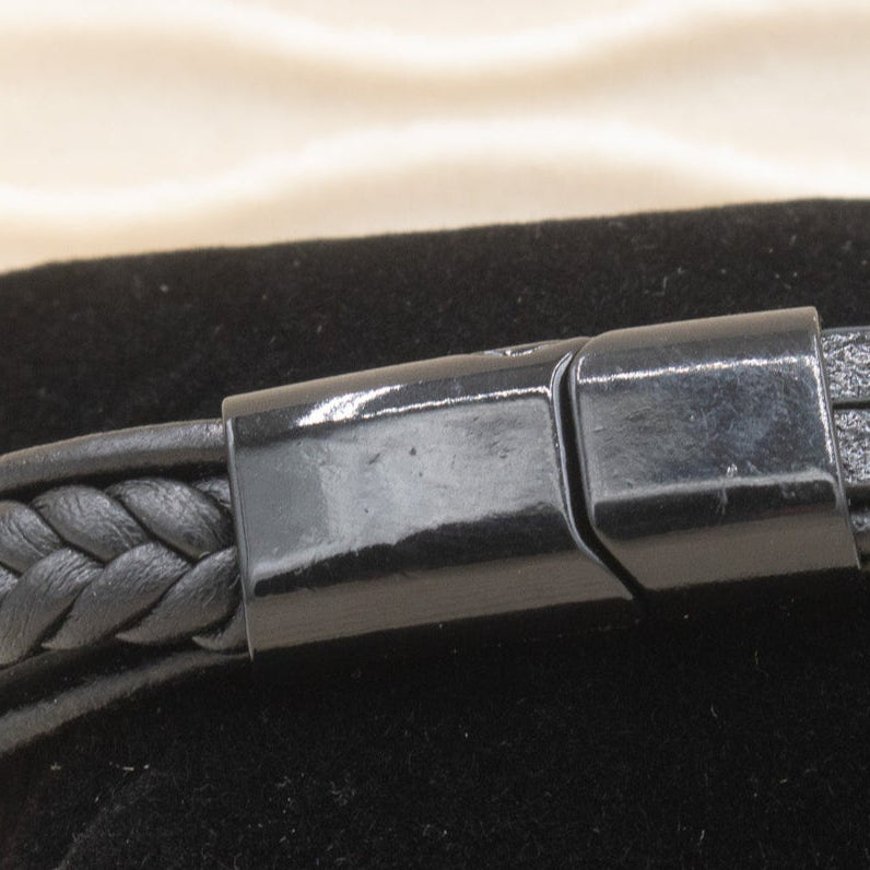 Black Leather Cross Charm Bracelet with Magnetic Closure