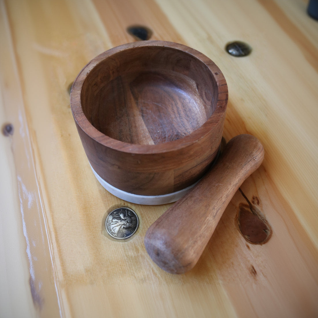 Natural Wood Mortar and Pestle with White Base