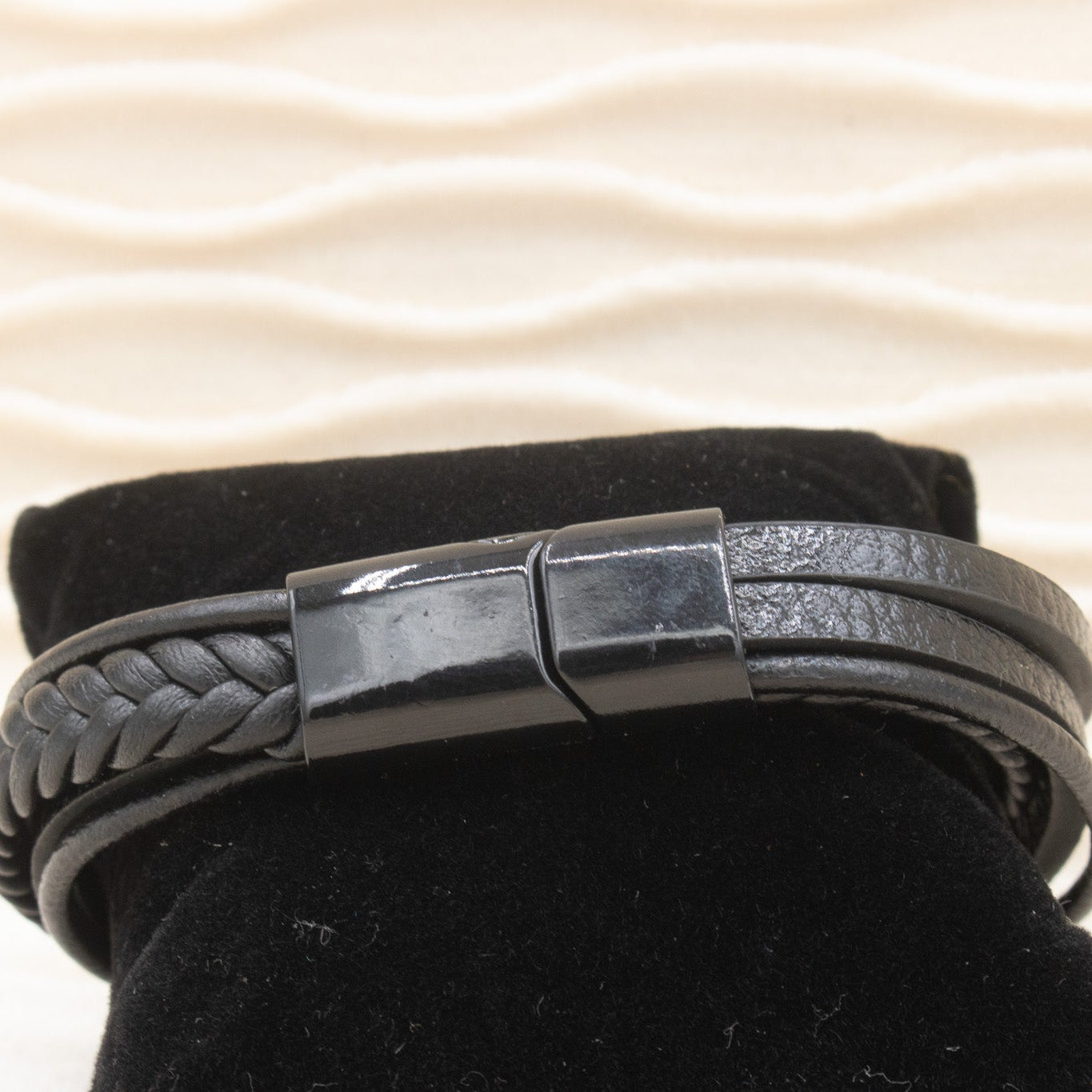 Black Leather Cross Charm Bracelet with Magnetic Closure