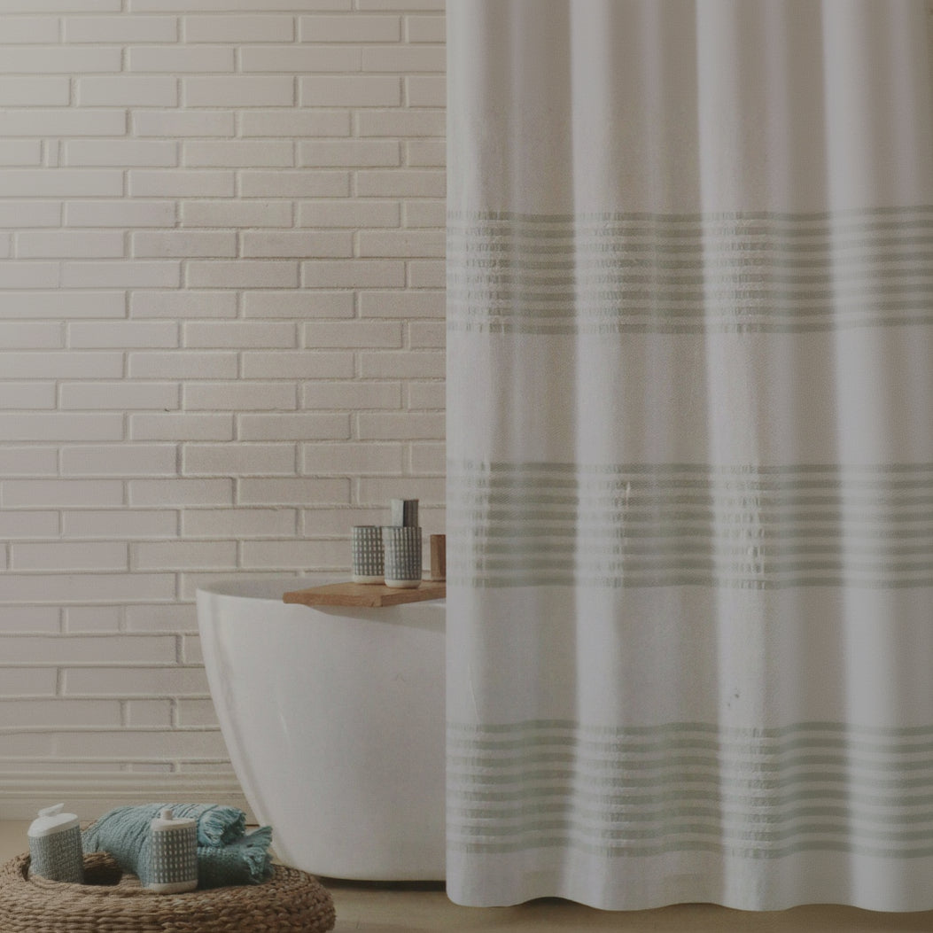 UGG Shower Curtain White with Seafoam Green Stripes