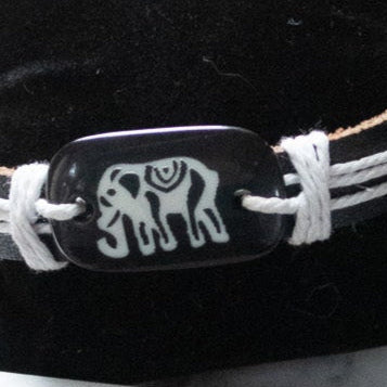 Black Leather with White Jute Cord and Elephant Charm Adjustable Bracelet