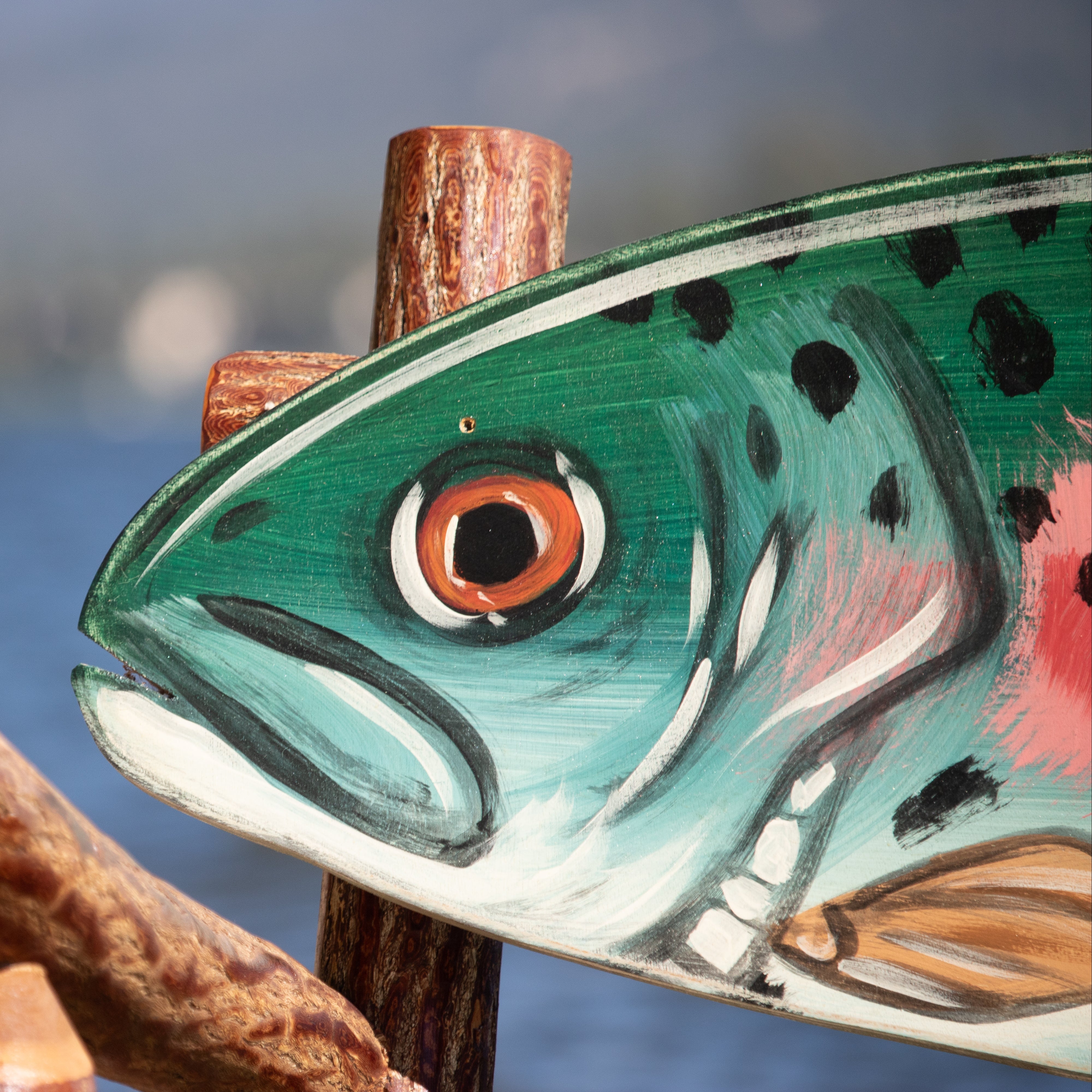 Natural Log Fish Bench Depicting a Realistic Rainbow Trout