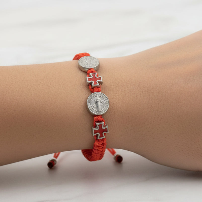 Red Braided Jute Cord with Saint Benedict Medal Bracelet