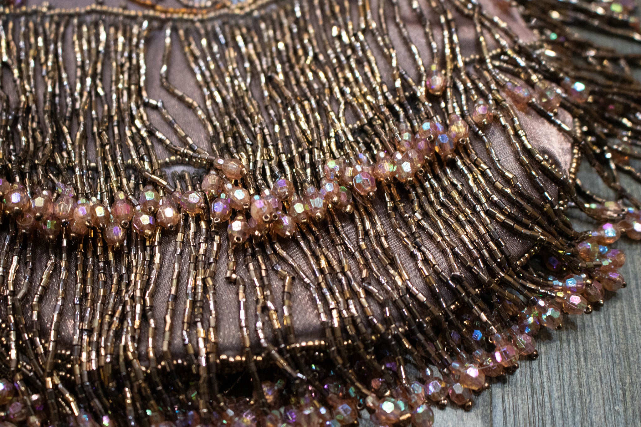 Vintage Silk Beaded Evening Clutch with Detachable Bronze Shoulder Chain Strap