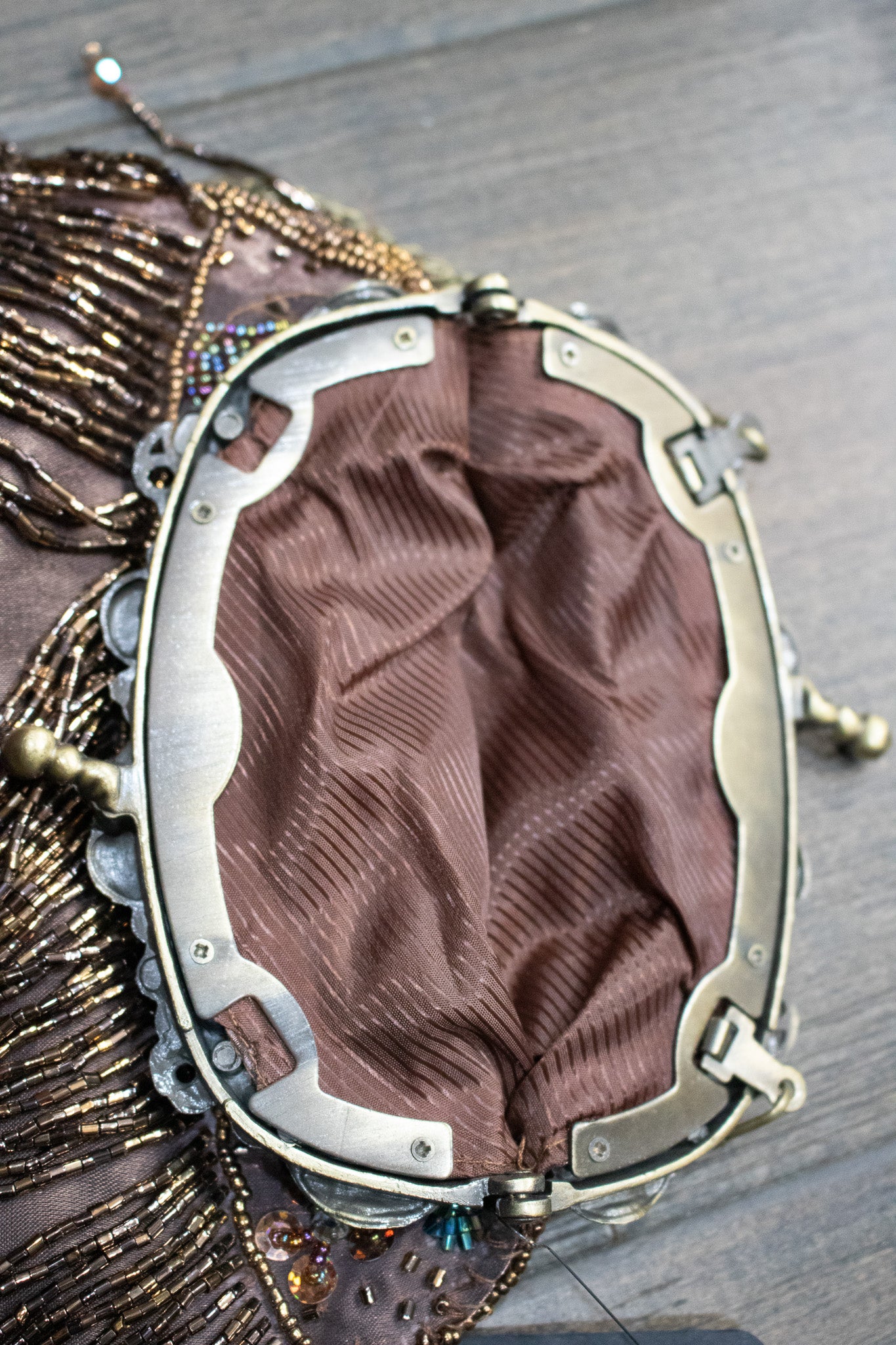 Vintage Silk Beaded Evening Clutch with Detachable Bronze Shoulder Chain Strap
