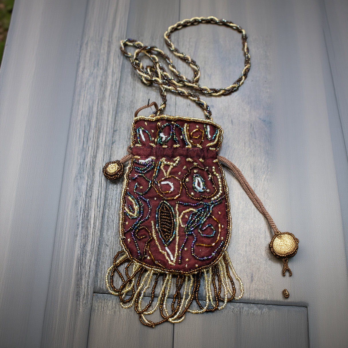Vintage CJ Seed Bead Drawstring Pouch Purse