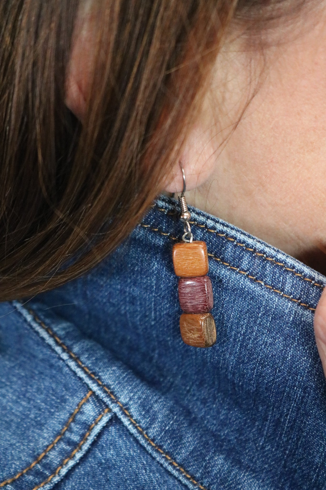 Wood Bead Dangle Earrings Brown Rustic Boho Wooden Drop Earrings Natural Style