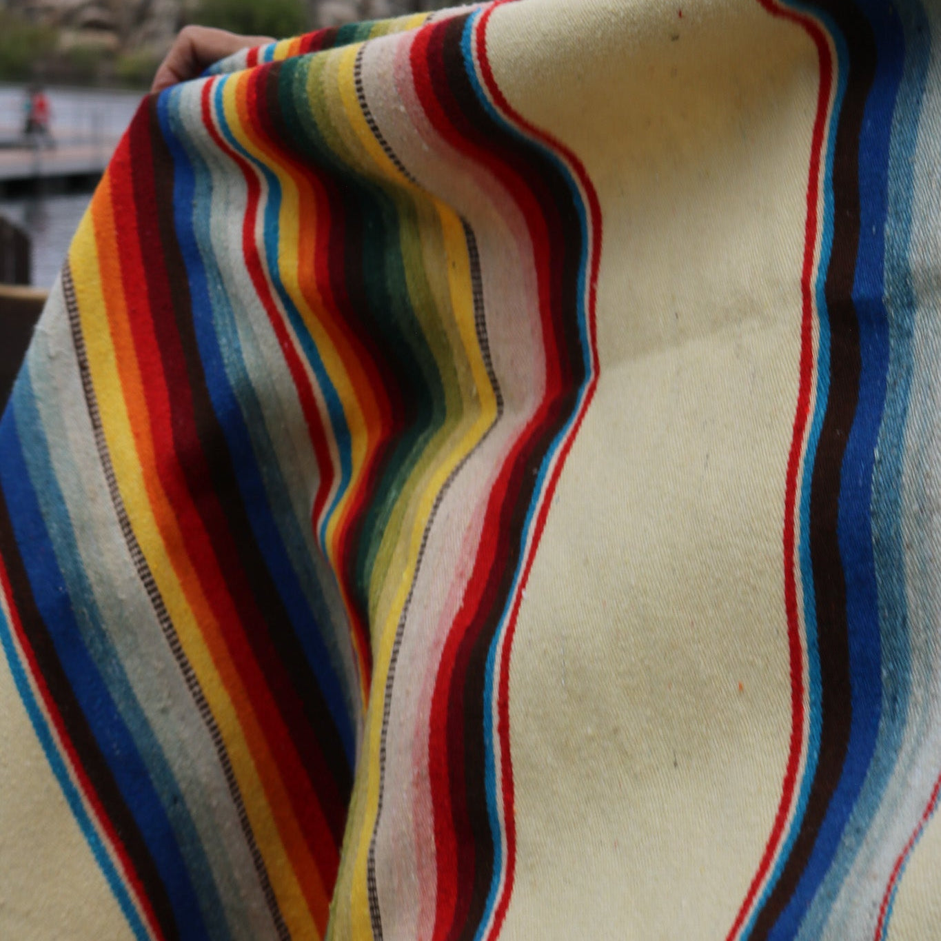 Vintage Saltillo Sarape Wool Blanket Tan Multi-Colored