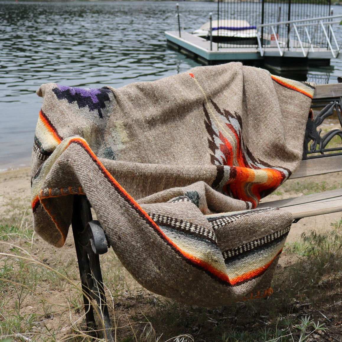 Authentic Vintage Southwestern Gray Woven Blanket with Colorful Native Design and Orange Accent Stitching