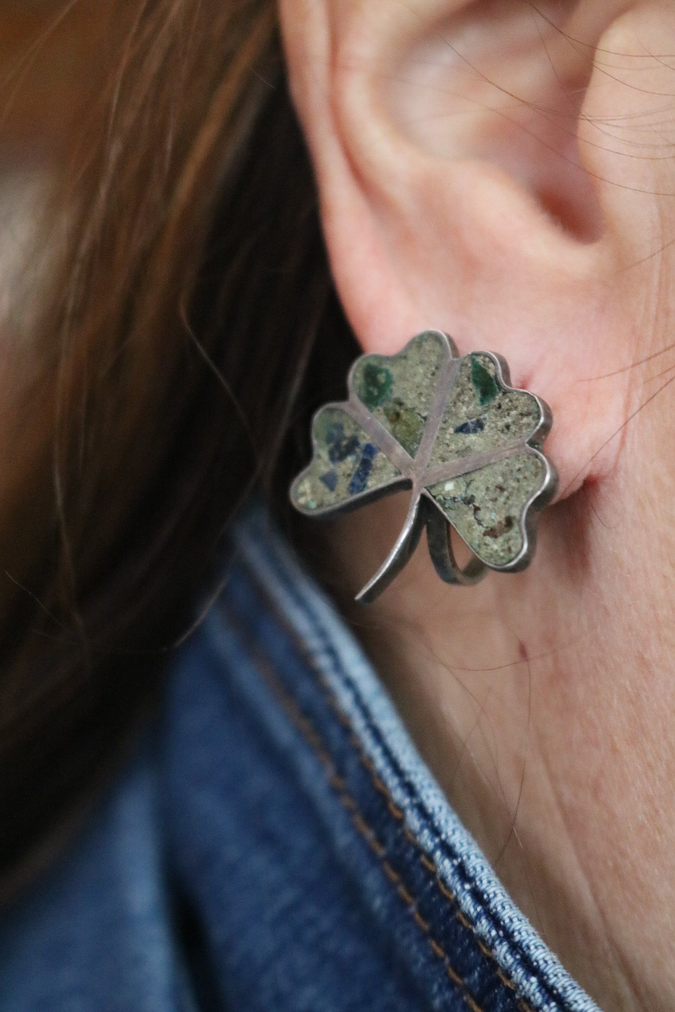 vintage sterling silver four leaf clover earrings inlaid shamrock jewelry 1950s