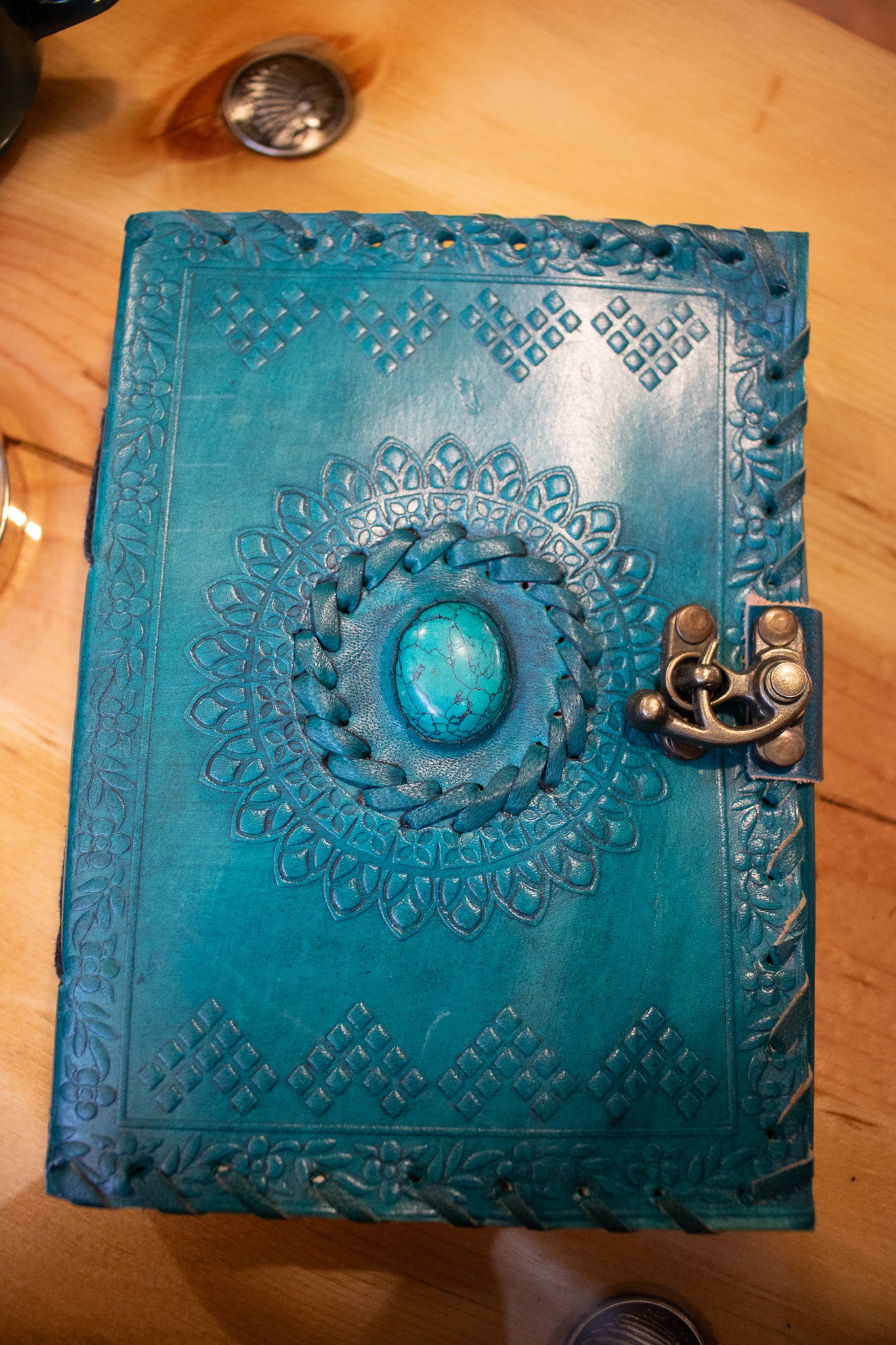 7 x 5 Book of Shadows with Turquoise Embedded Turquoise with Latch Lock