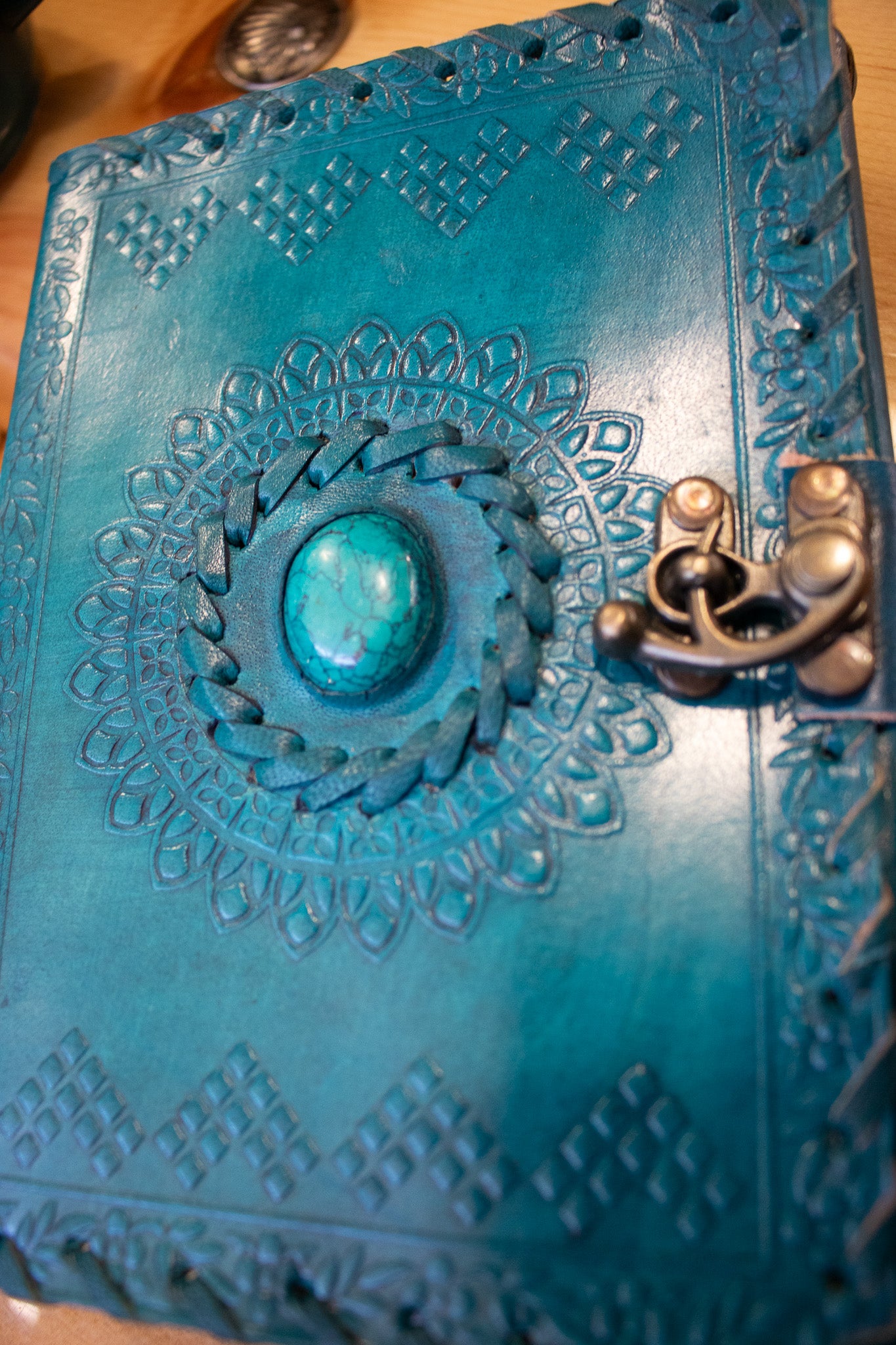 7 x 5 Book of Shadows with Turquoise Embedded Turquoise with Latch Lock