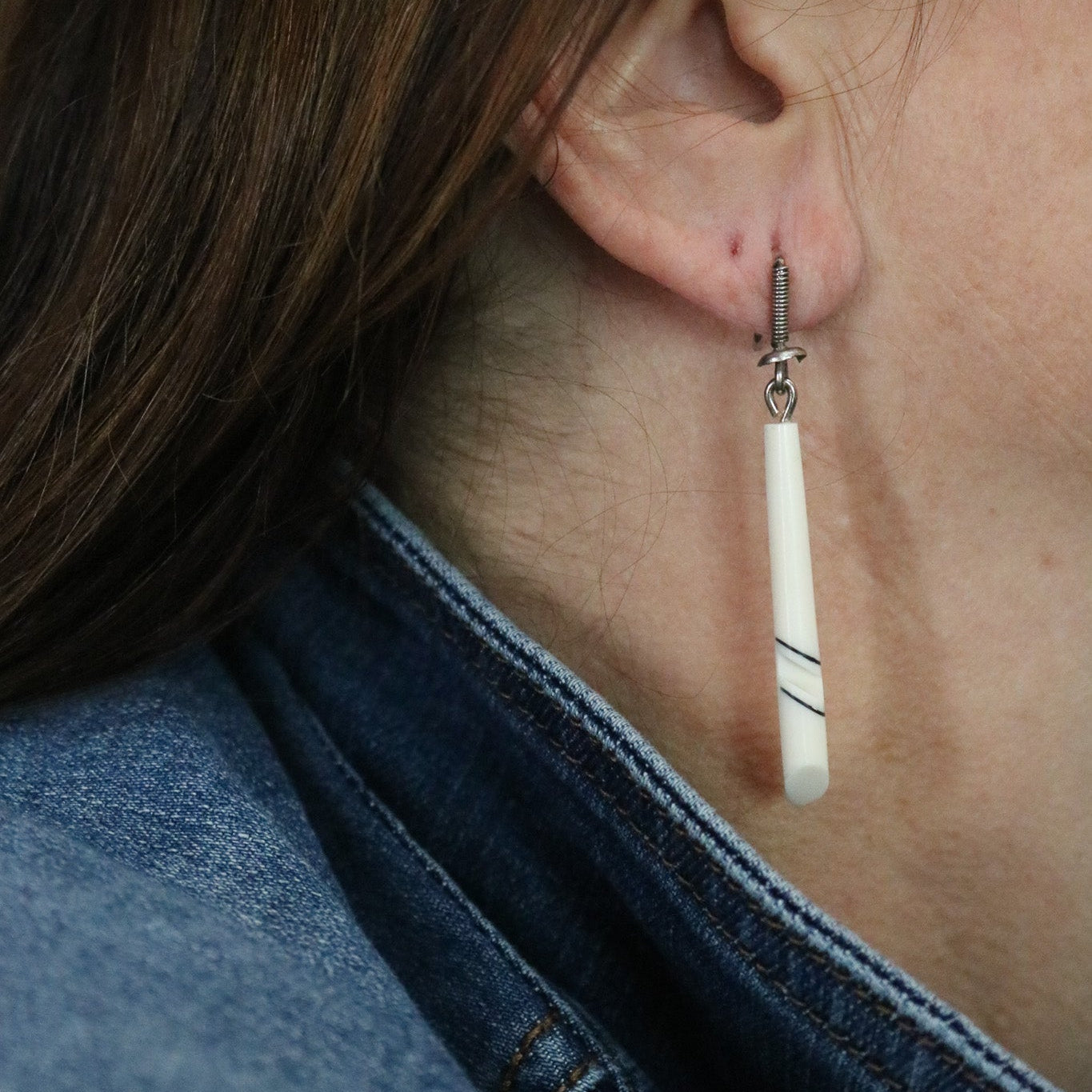 Vintage Ivory Detailed American Indian Inspired Earrings with Wooden Stand