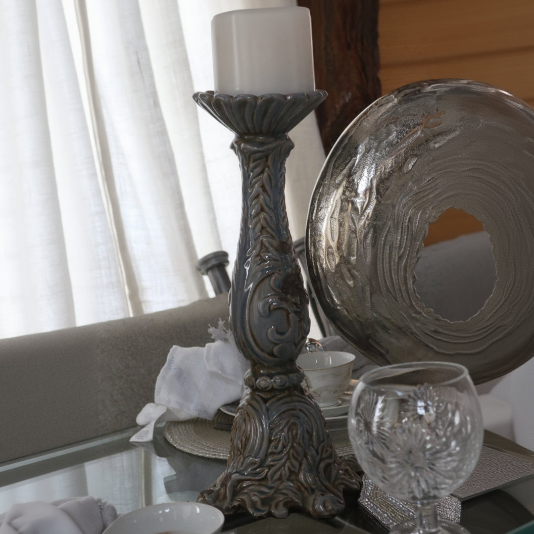 Ceramic Dusty Blue Rustic Candle Stick with Etched Leaf Detail