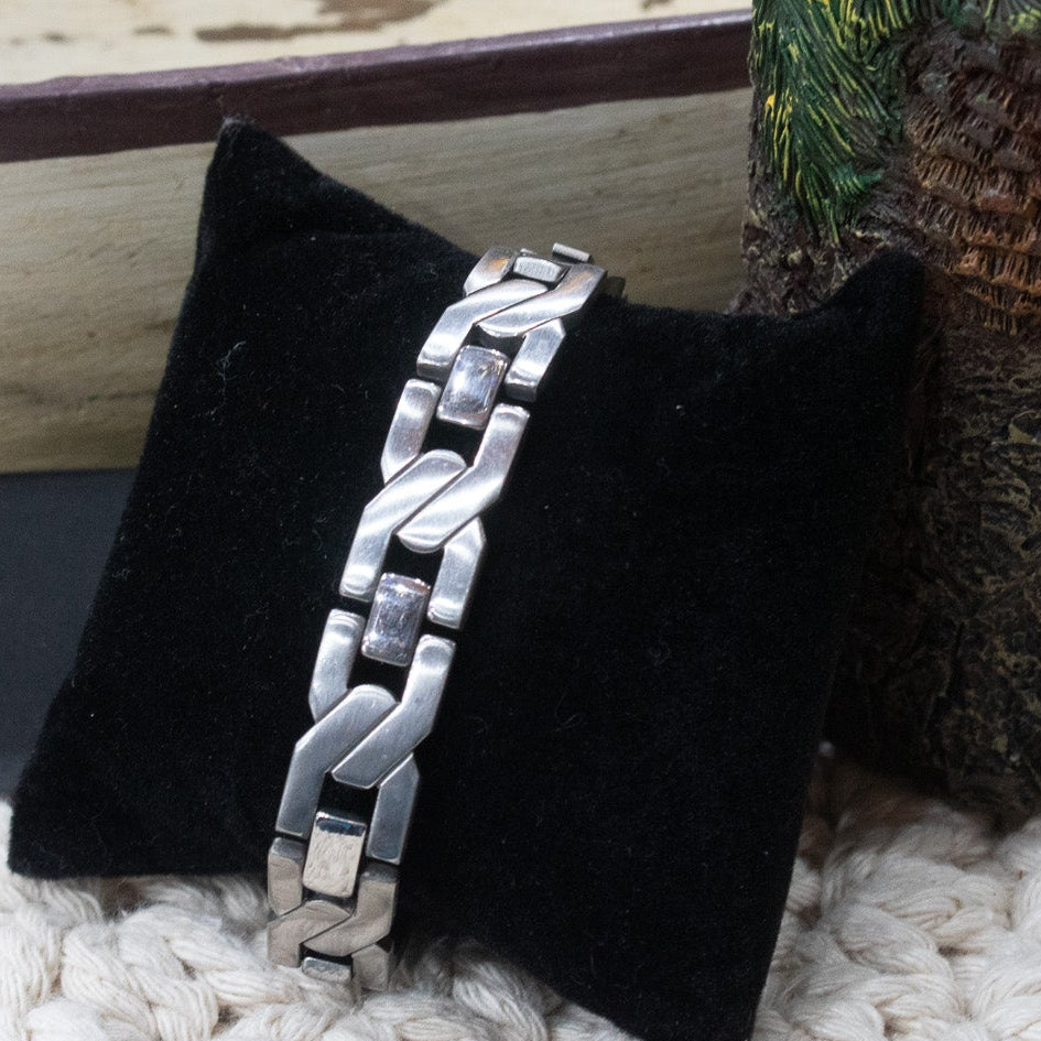 Men's Stainless Steel Silver Curved Link Bracelet-10"