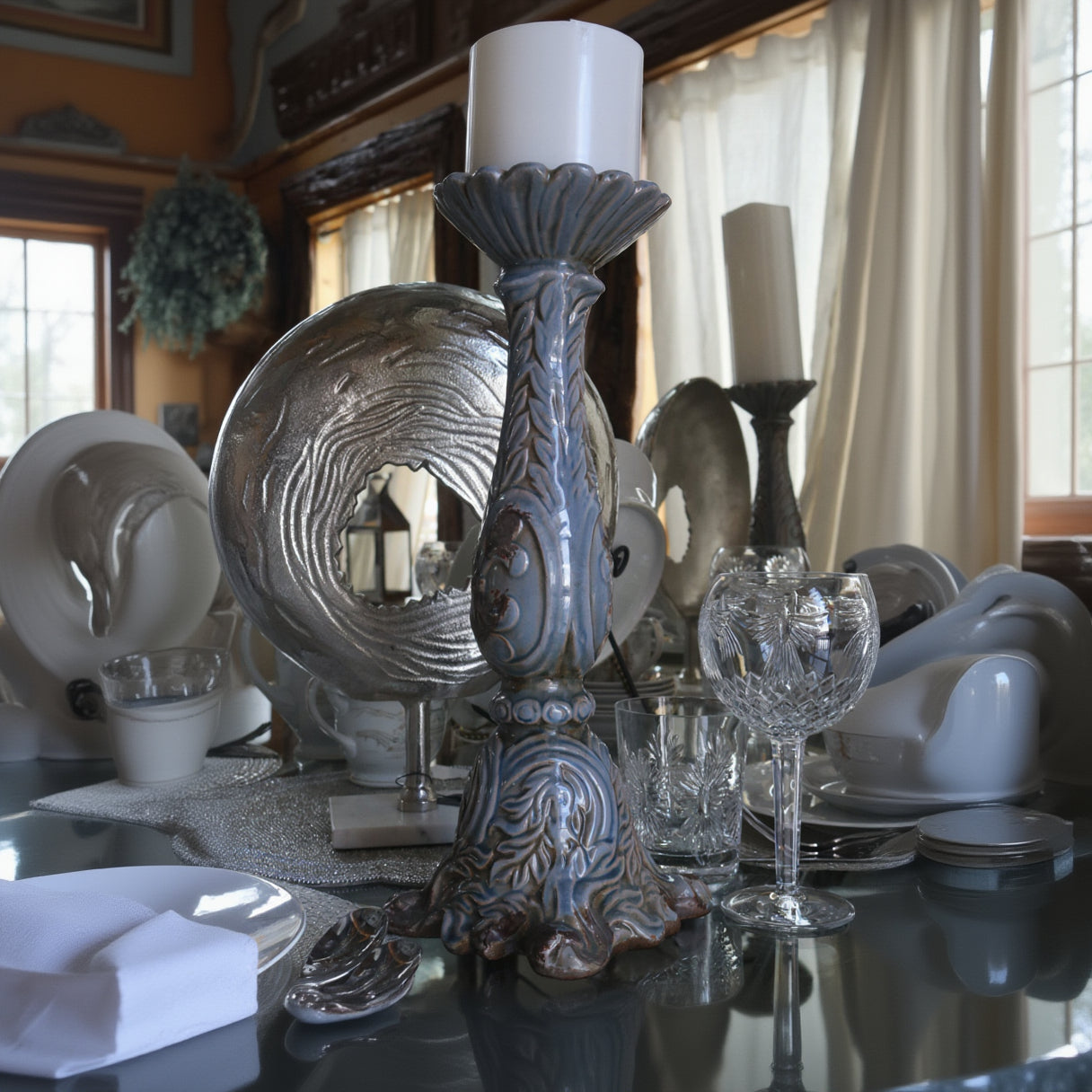 Ceramic Dusty Blue Rustic Candle Stick with Etched Leaf Detail