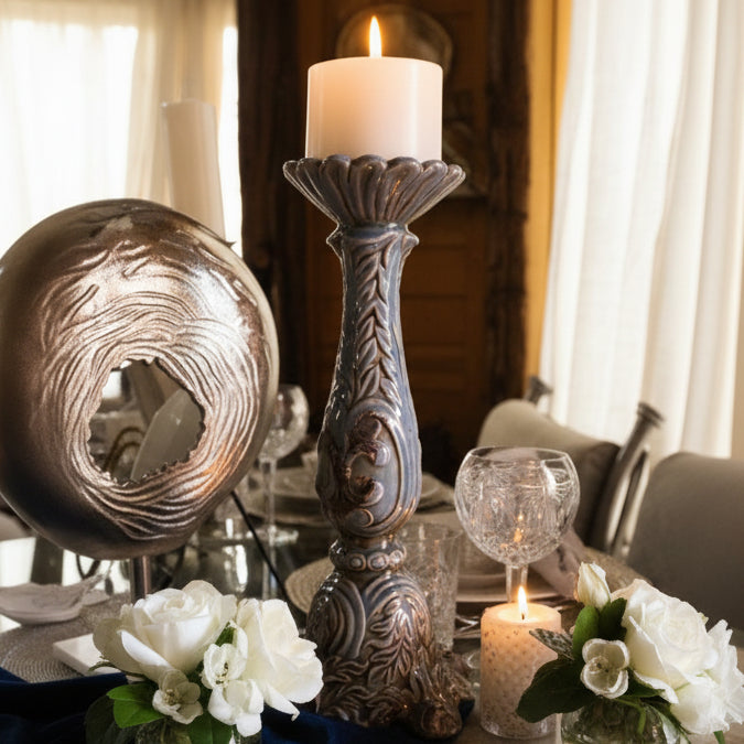 Ceramic Dusty Blue Rustic Candle Stick with Etched Leaf Detail