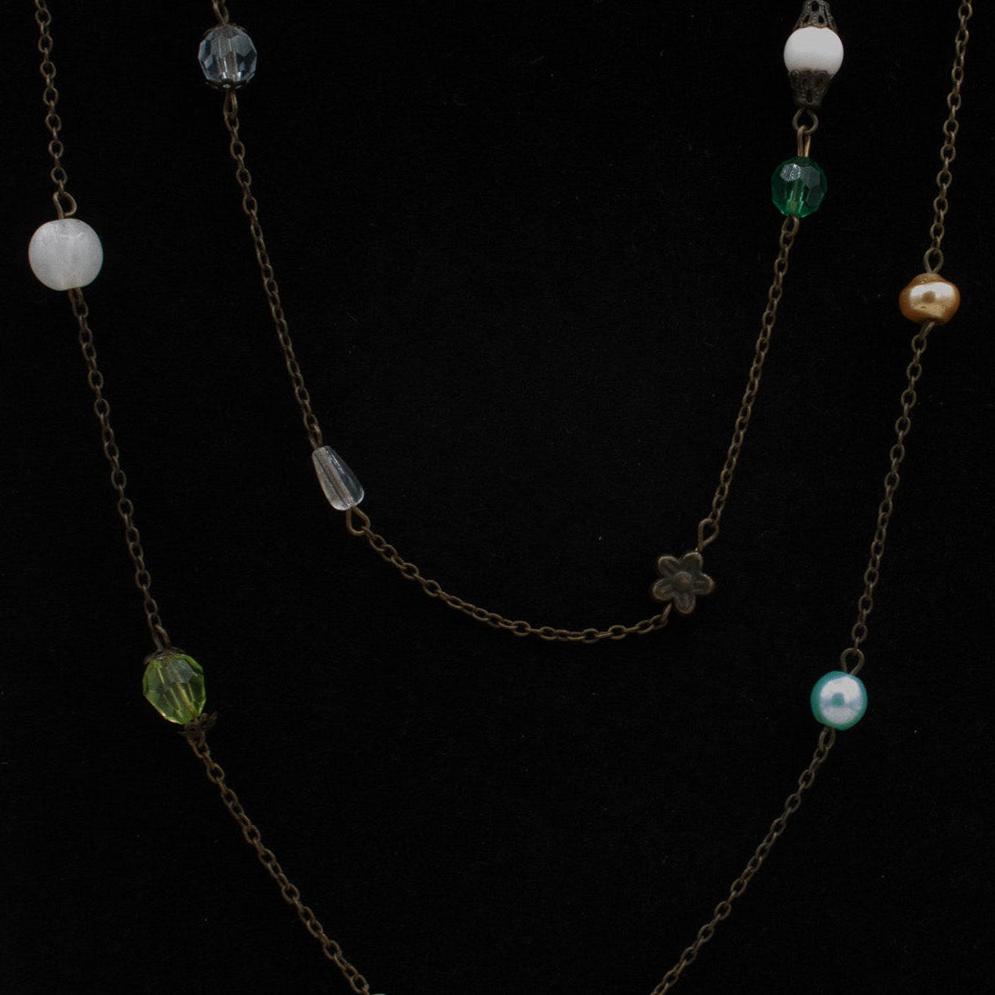 Dual Brass Chain Beaded Charm Necklace