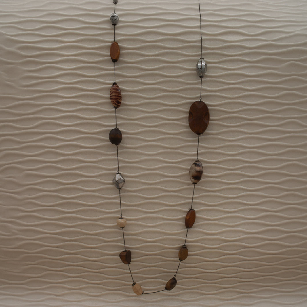 Irregular Wooded Bead and Stone Metal Necklace