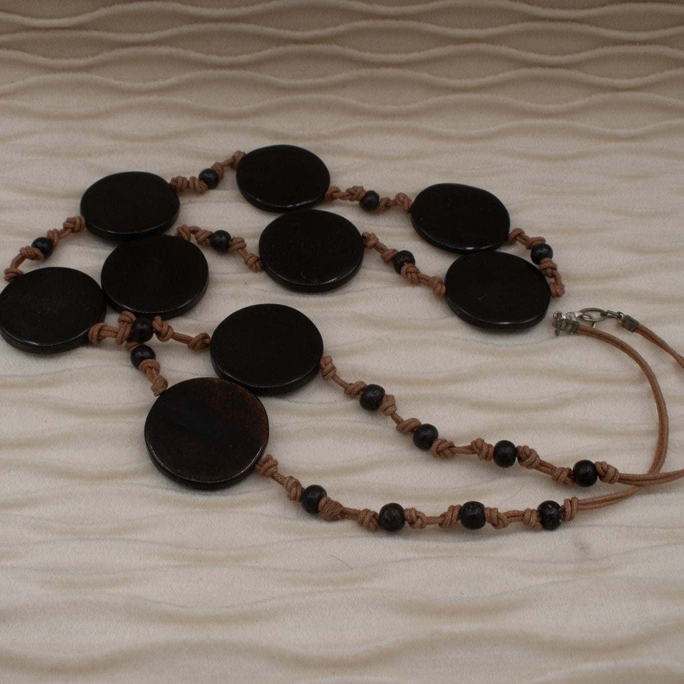 Brown Flat Round Bead Hand-Tied Cord Necklace