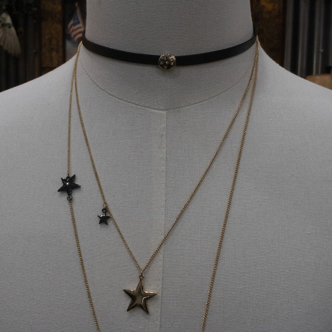 Celestial Themed Black Ribbon Choker with 2 Tier Gold Chains with Star and Moon Charms