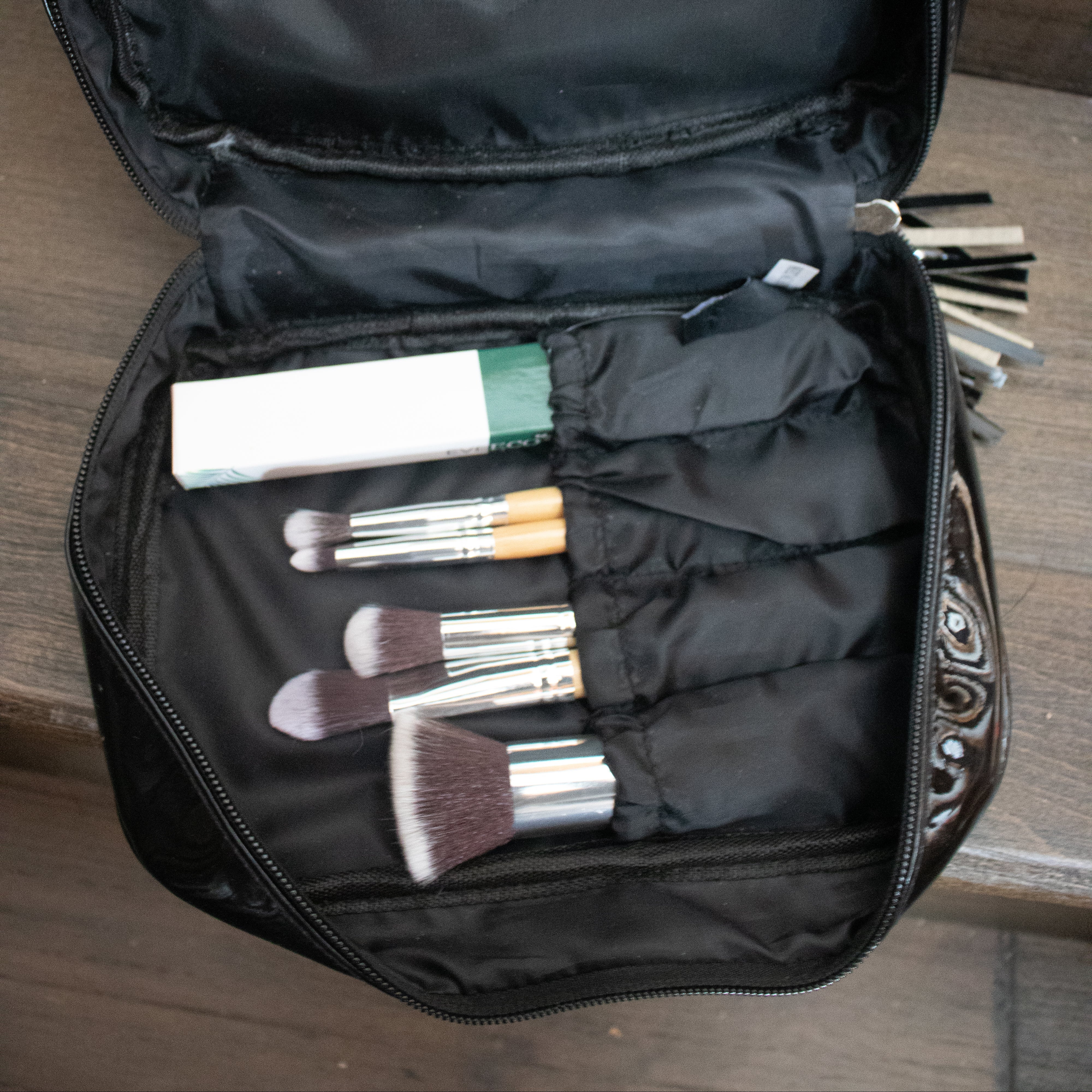 Macy's Makeup Bag with Black and White Sripes and Pink Lips