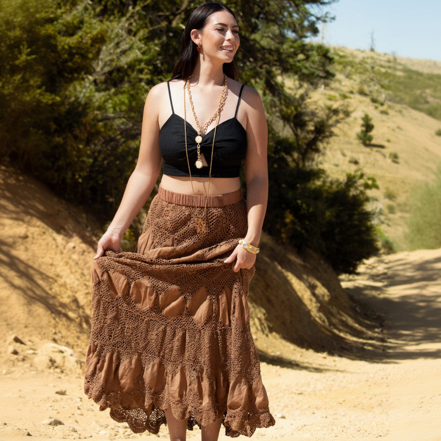 Vintage Bohemian Crochet Lase Brown Skirt