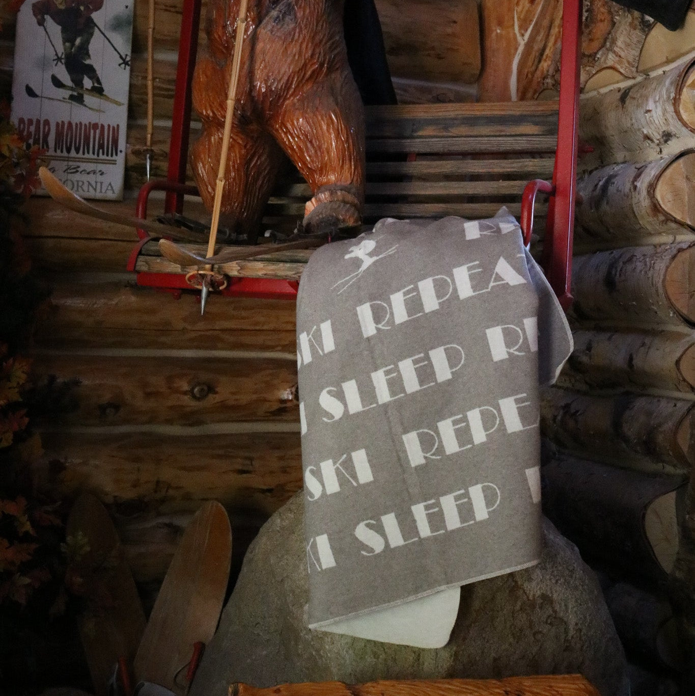 David Fussenegger Reversible Throw Blanket Grey & White "Sleep, Ski, Repeat" Design