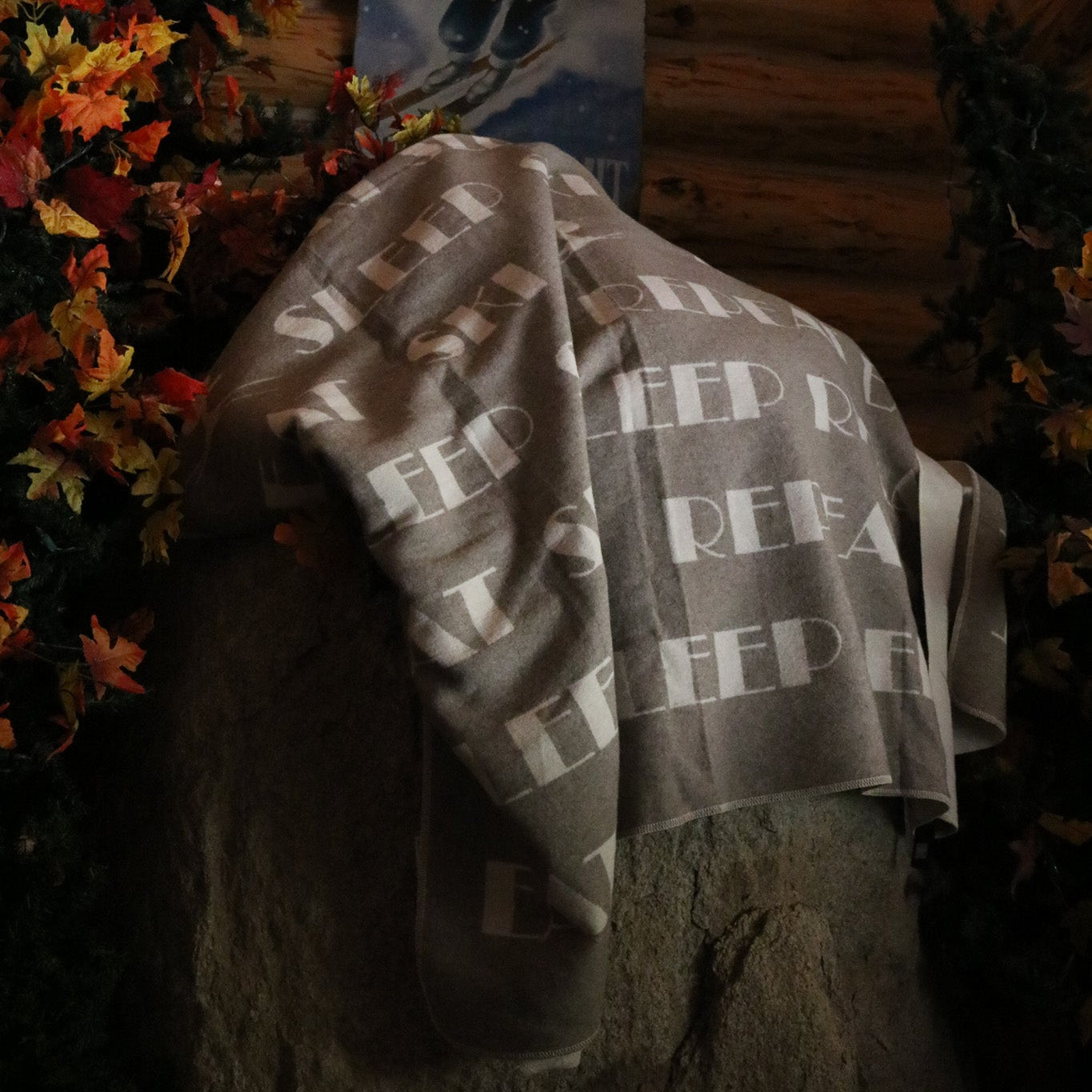 David Fussenegger Reversible Throw Blanket Grey & White "Sleep, Ski, Repeat" Design