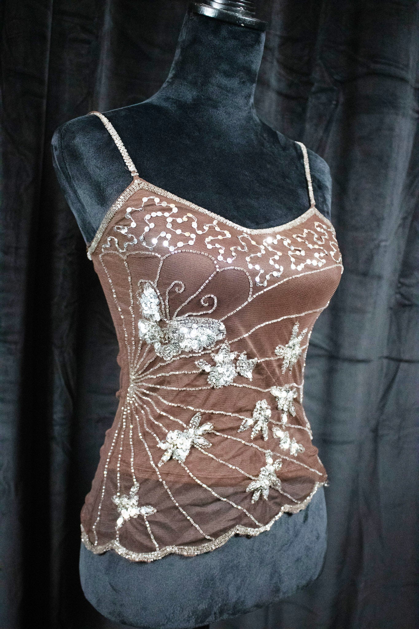 Vintage Brown with Silver Sequin Mesh Top