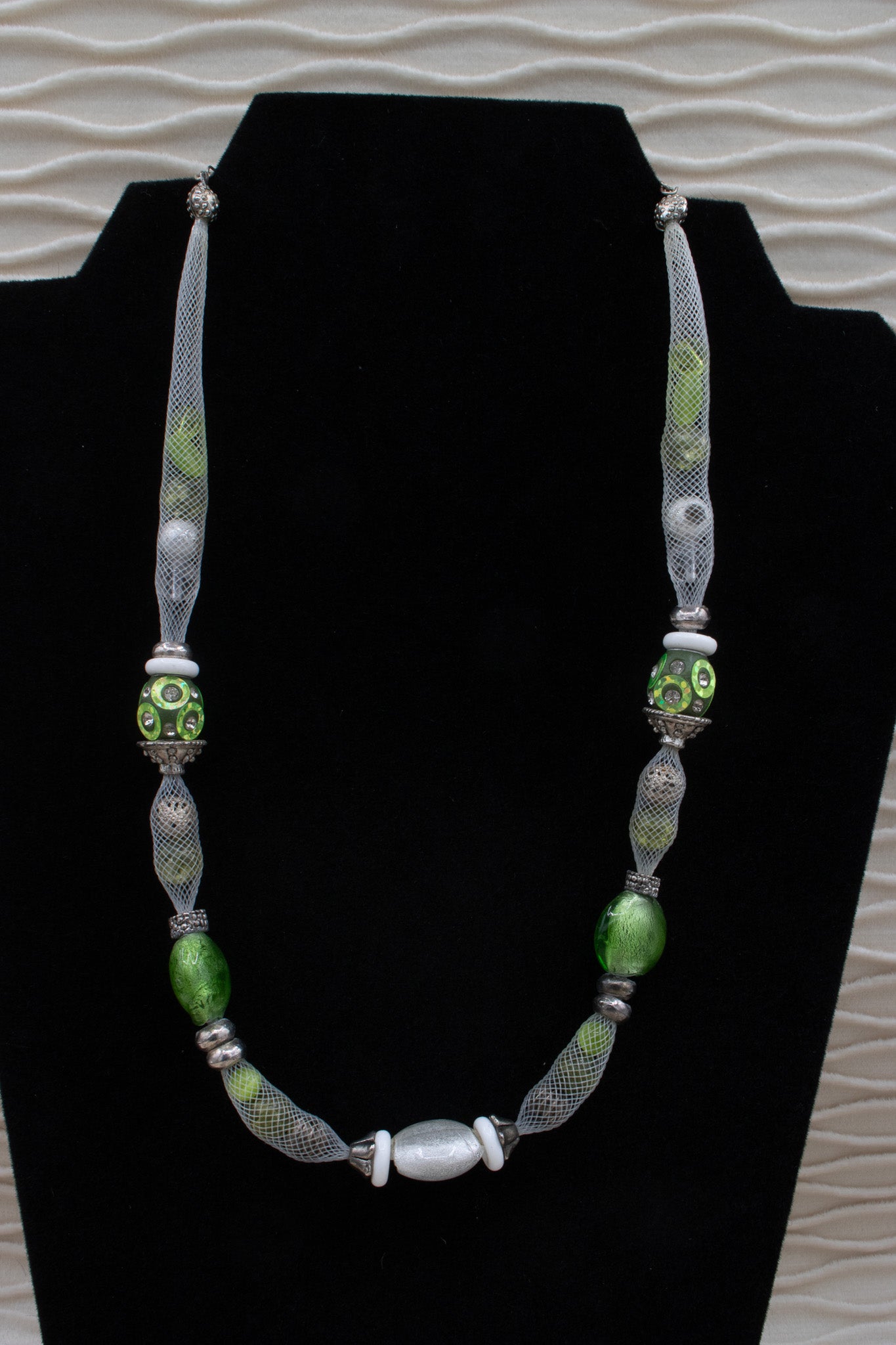 Multicolored Mesh Covered Green Gemstone Necklace