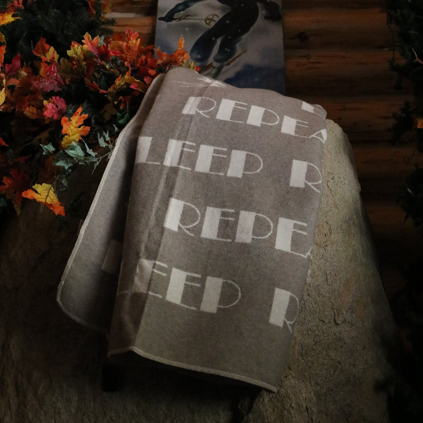 David Fussenegger Reversible Throw Blanket Grey & White "Sleep, Ski, Repeat" Design
