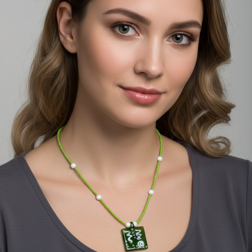 A Green Glass Pendent Adorned on a Dainty Green Beaded Necklace