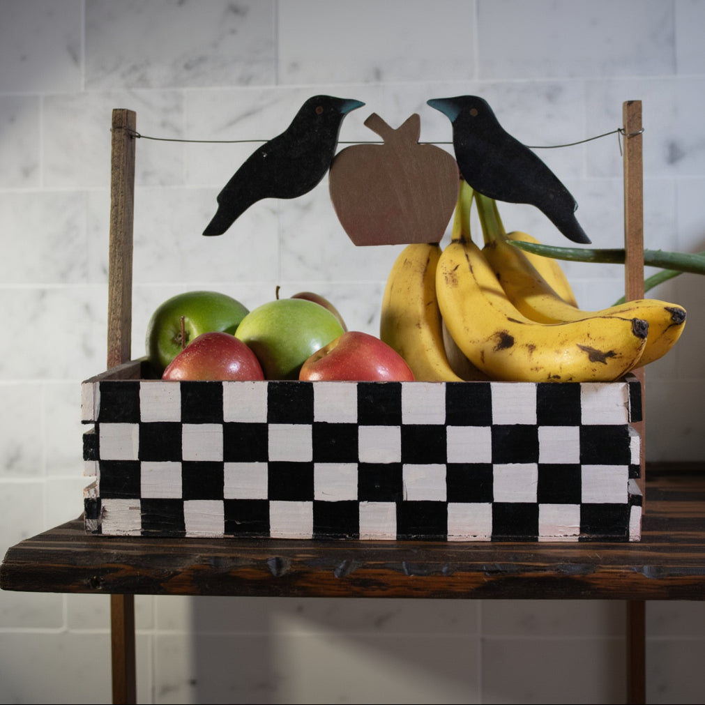 Hand-Painted Checkerboard Box with Crows and Apple Design