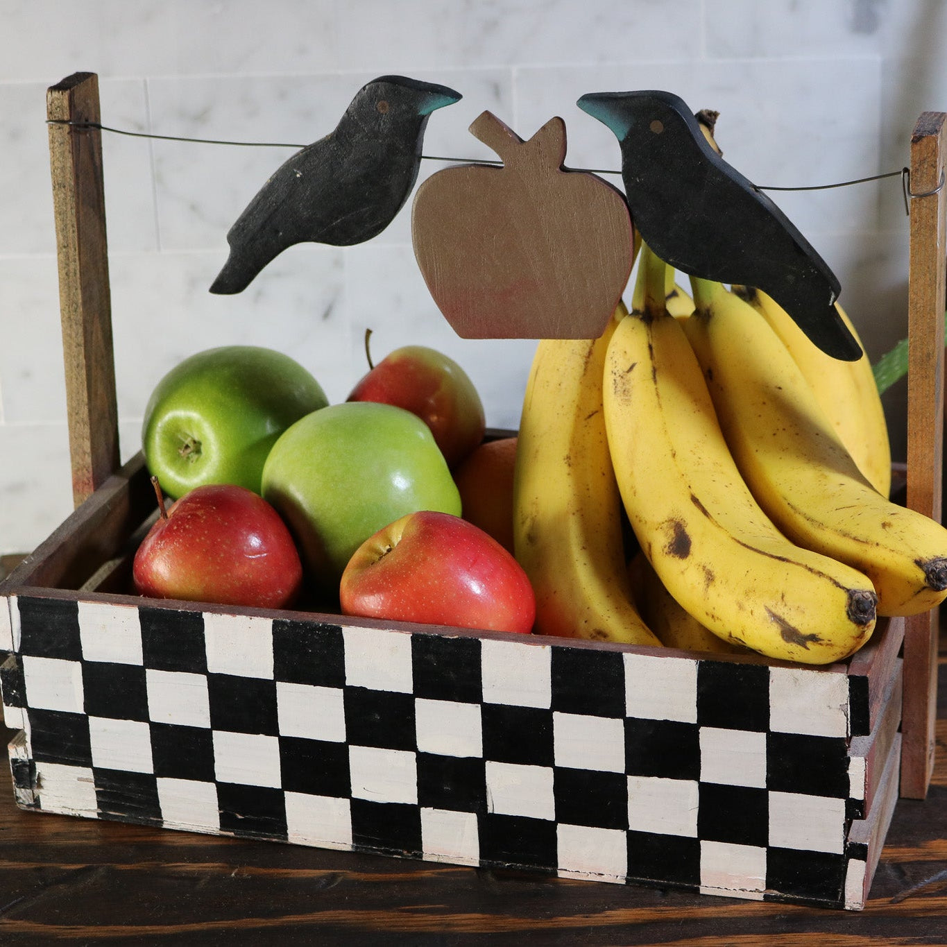 Hand-Painted Checkerboard Box with Crows and Apple Design