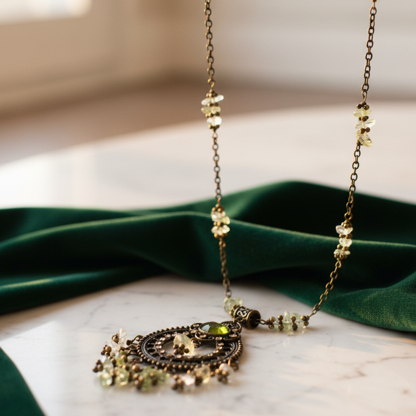 Beautiful Charm on Paperclip Chain Adorned with Green Gemstones Necklace