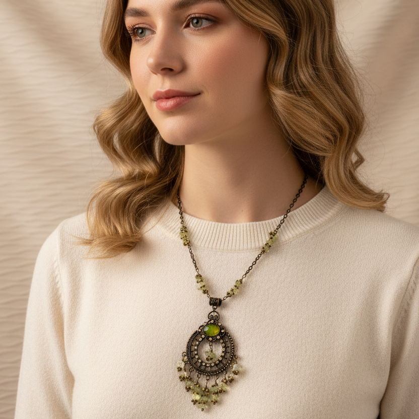 Beautiful Charm on Paperclip Chain Adorned with Green Gemstones Necklace