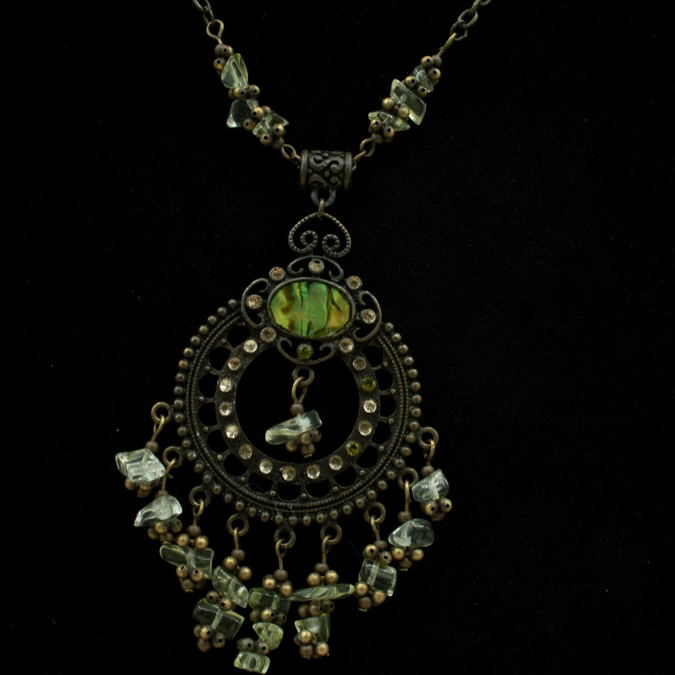 Beautiful Charm on Paperclip Chain Adorned with Green Gemstones Necklace