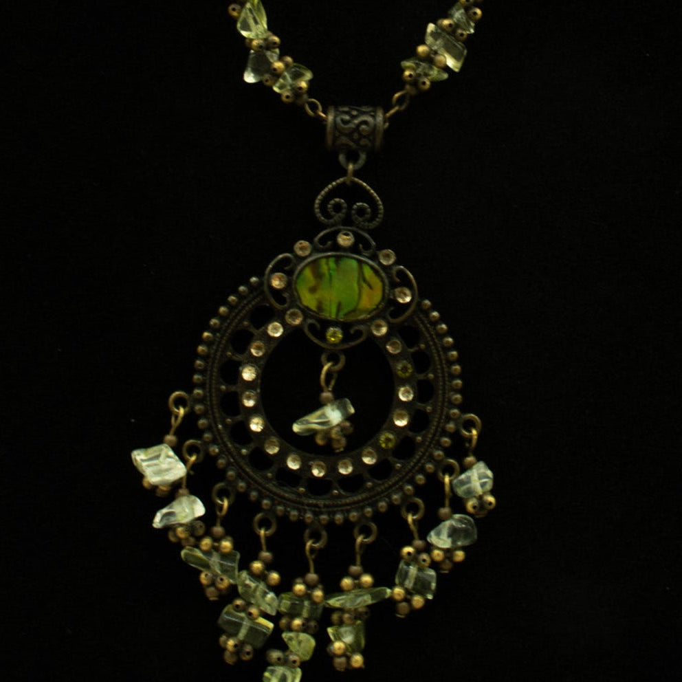 Beautiful Charm on Paperclip Chain Adorned with Green Gemstones Necklace